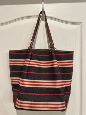 Burberry Navy, Cream & Red Striped Canvas Tote with Brown Trim